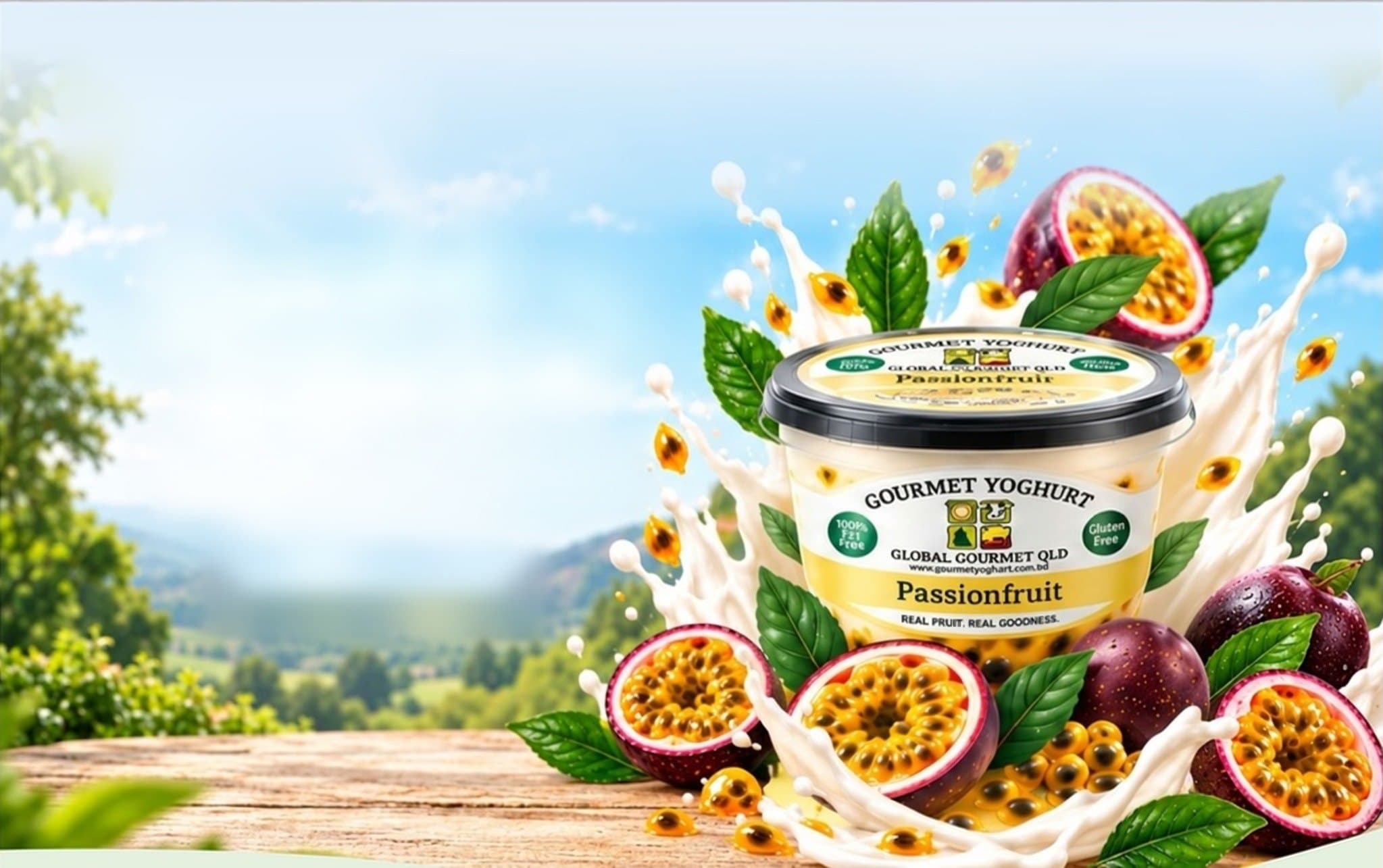 Passionfruit gourmet yoghurt in a splash of milk and fresh passionfruit