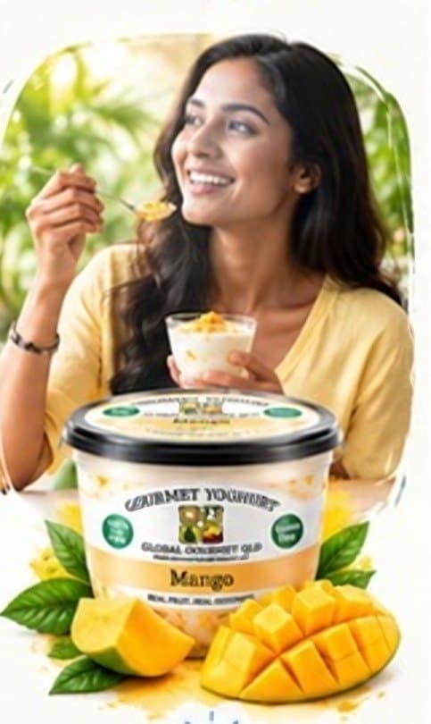 Woman enjoying a mango yoghurt