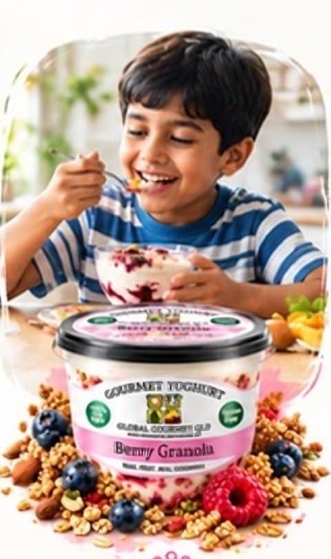 Boy enjoying yoghurt with his family