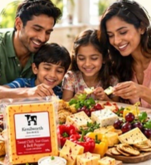 Family sharing a meal with cheese