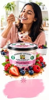 Woman enjoying Mixed Berry yoghurt at breakfast