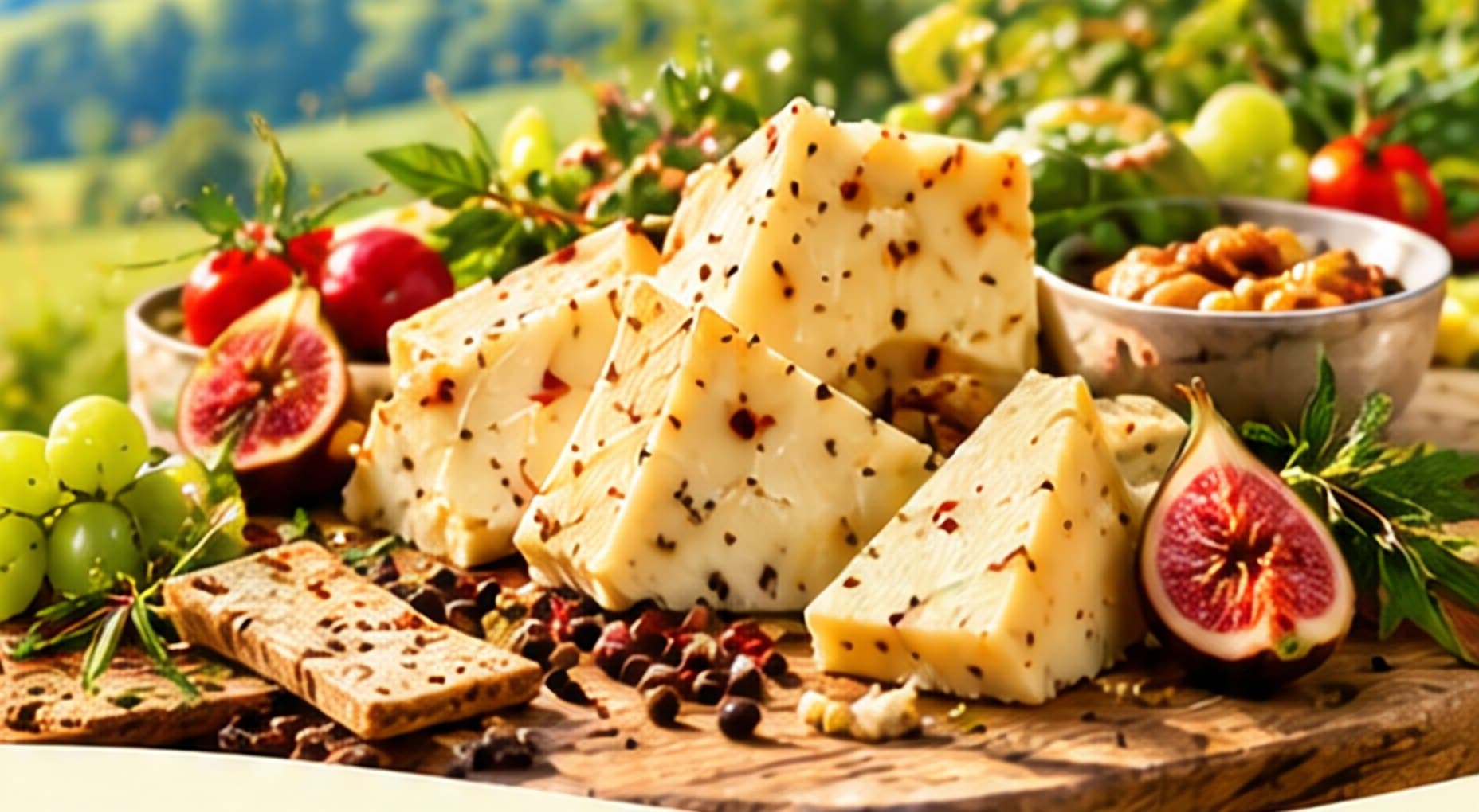 Cracked pepper and herb cheese on a board