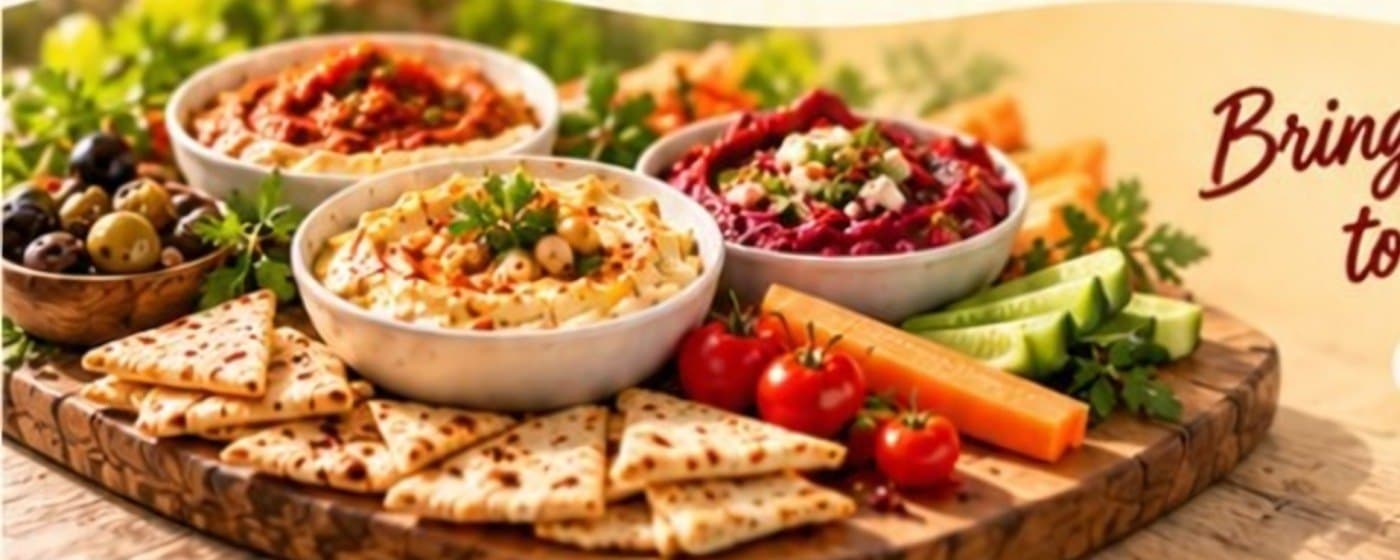 Grazing board with dips, crackers and vegetables